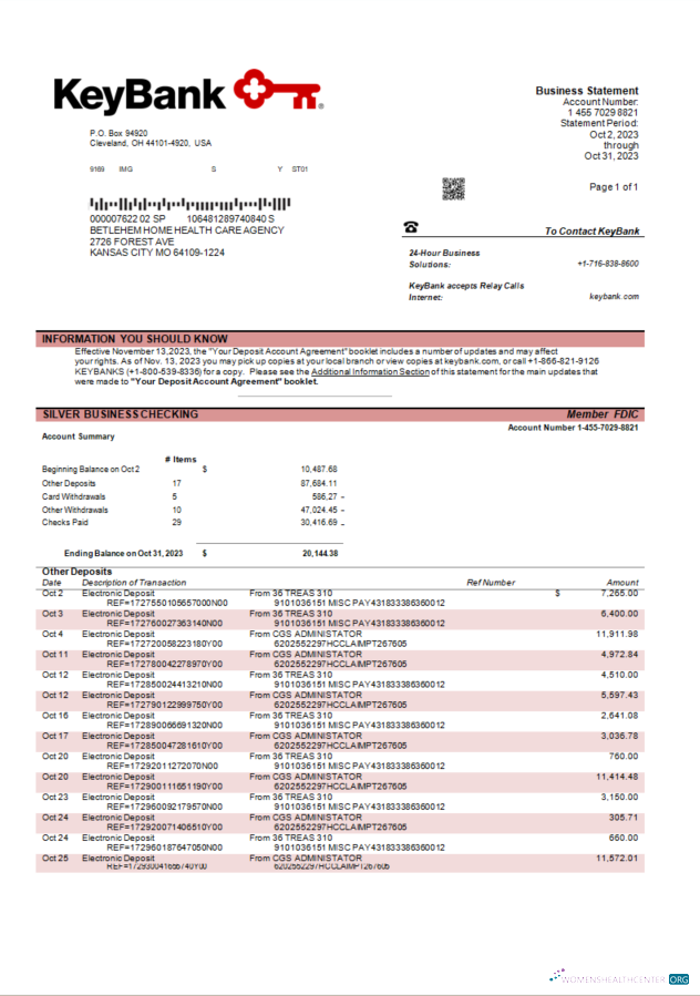 Download Keybank business bank statement Word and PDF template Photoshop template
